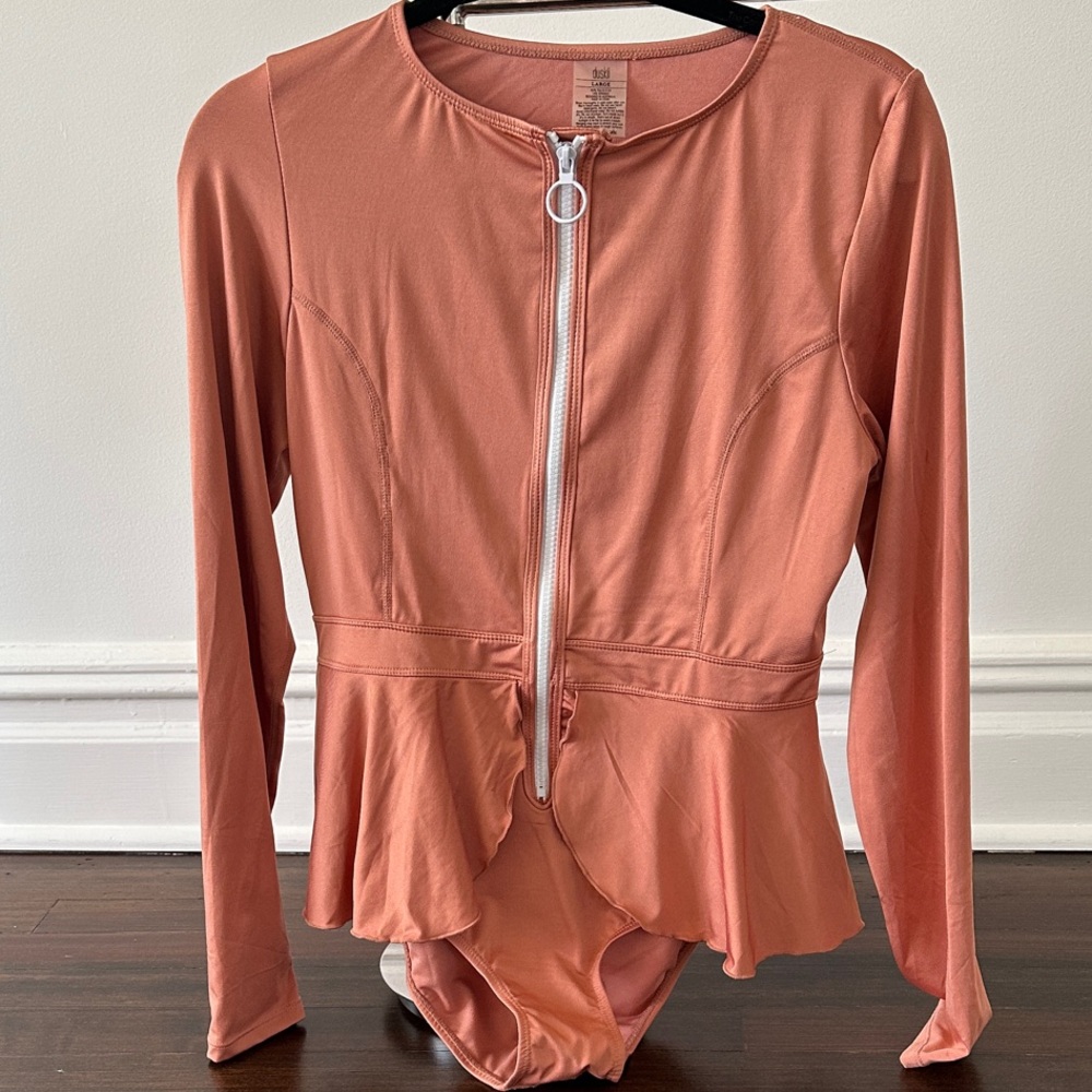 Zipper Front Peplum One Piece Swimsuit - peachy pink color - Large